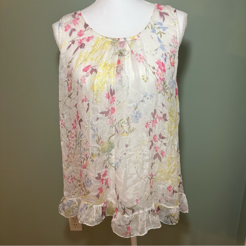 Tendenze Italy Floral 100% Silk Ruffle Sleeveless Top Womens Large